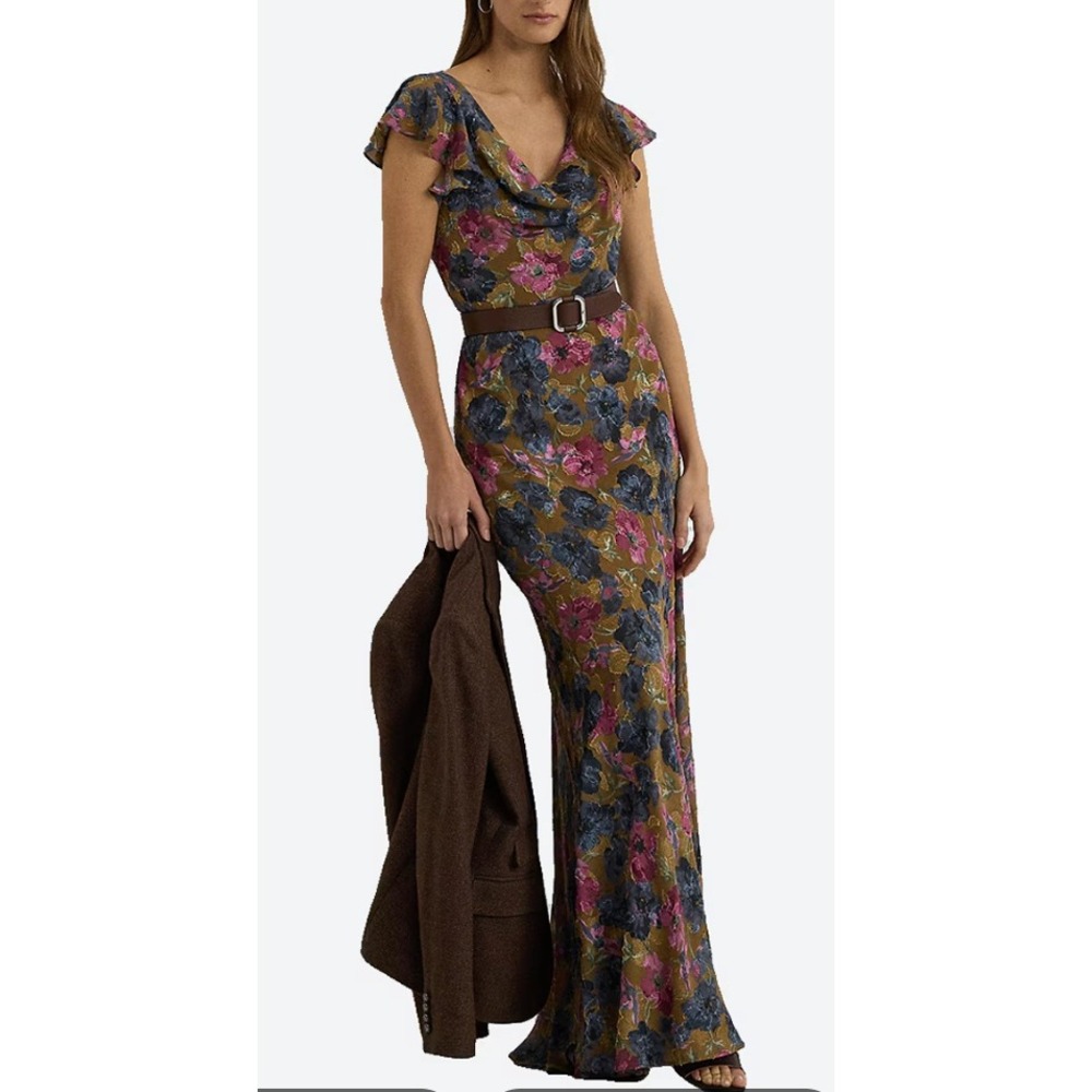 Ralph Lauren Floral Foiled Jacquard Gown Women 10 Tan Pink Blue Cowl Neck Maxi